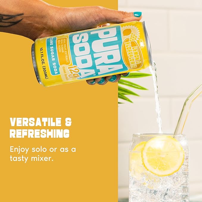PuraSoda® Lemon &amp Elderflower | 65 Calories &amp 12g Pure Cane Sugar per Can | Non-GMO Vegan | Made with Pure Cane Sugar Clean &amp Refreshing | 10 fl oz (300ml) Cans Pack of 24