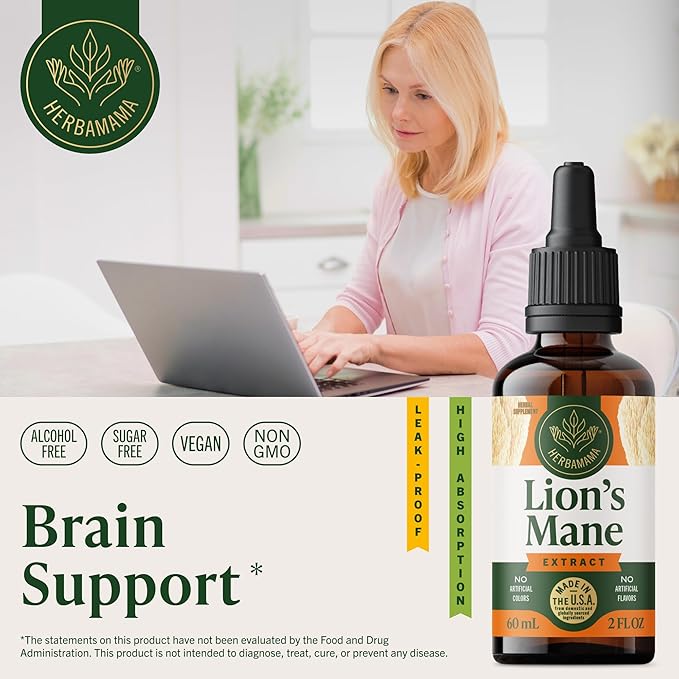 HERBAMAMA Lions Mane Tincture - Vegan Focus &amp Nerve Support with Lion's Mane Mushroom Extract - Hericium Erinaceus Brain Support Supplement - Non-GMO Alcohol &amp Sugar-Free - 42-Day Supply