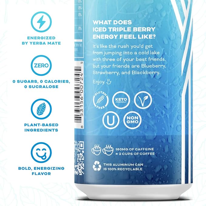 Yerbaé Energy Beverage - Iced Triple Berry 0 Sugar 0 Calories 0 Carbs Energized by Yerba Mate. Yerbae is a Plant-Based Healthy Alternative to Sugary Energy Drinks 16oz cans (12 Pack)