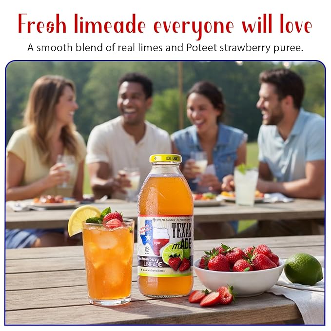 Texas mADE Poteet Strawberry Limeade Limeade Made with Pure Cane Sugar and Strawberry Flavor No Preservatives Texas Crafted Limeade 16 fl oz Pack of 12