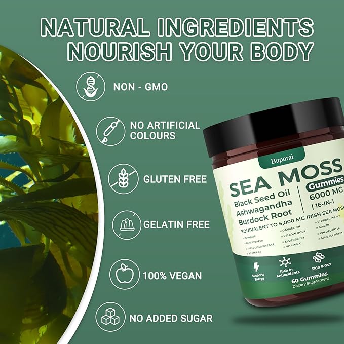 Sea Moss Gummies 16-1 Black Seed Oil Ashwagandha Turmeric Bladder Wrack Vitamin C Vitamin D3 Elderberry Manuka Dandelion Yellow Dock Apple Cider Vinegar for Men &amp Women
