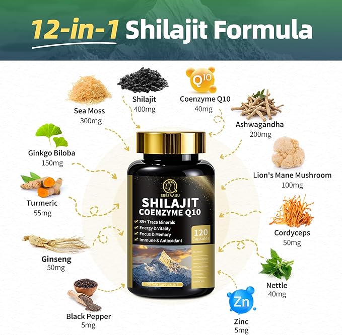 Shilajit for Men Sea Moss and Shilajit Bundle All in 1 Supplements with Coenzyme Q10 Black Seed Ashwagandha Taurine Burdock for Energy Endurance Antioxidant &amp Immune Support 240 Capsules