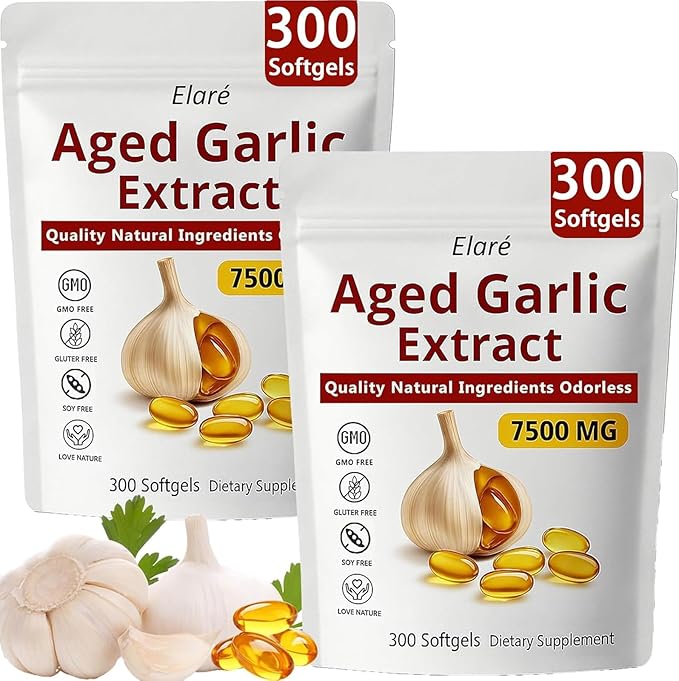 Elare Aged Garlic Extract 7500mg Organic Garlic Capsules Supplement for Supports Immune &amp Heart Health Odorless Non-GMO Gluten-Free Vegetarian 300 Softgels (2)