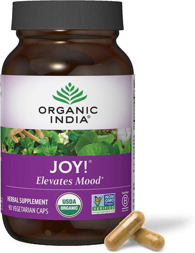 ORGANIC INDIA Joy Herbal Supplement - Immune Support Promotes Memory &amp Concentration Vegan Gluten-Free Kosher USDA Certified Organic Non-GMO Calming - 90 Capsules