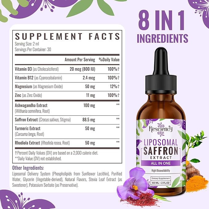 Resciency Liposomal Saffron Supplements Drops 88.5mg – High Bioavailability Liquid Saffron Extract for Mood Support Energy Focus &amp Vision with Ashwagandha Magnesium Zinc B12 &amp D3 2 fl oz