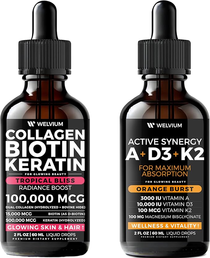 Liquid Biotin Collagen + Vitamin D3 K2 A Drops - Beauty &amp Immune Support (Liquid Duo)