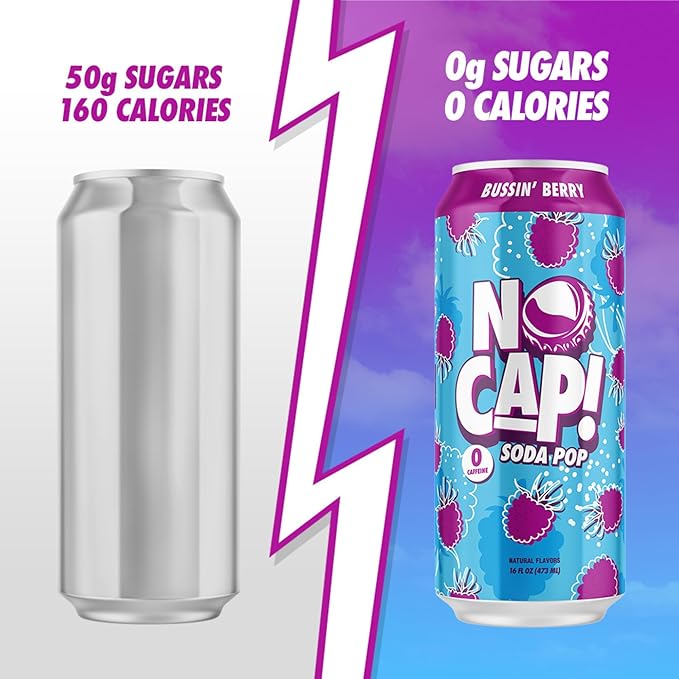NO CAP! Next Gen Soda Pop with Zero Sugar Zero Calories and Electrolytes for Hydration Naturally Flavored Caffeine-Free Soda Vegan &amp Gluten-Free 16 oz Cans (Variety Pack)