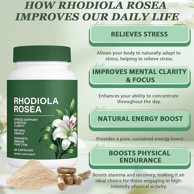 Floraviva Rhodiola Rosea Capsules | 500mg Rhodiola Rosea Extract Supplement for Stress Support Mental Focus &amp Energy Immune Function Non-GMO 60 Capsules