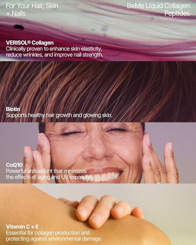 BeMe Liquid Collagen for Women - 2500mg Verisol hydrolyzed Marine Liquid Collagen - Clinically Tested Collagen Supplements - Quick Absorption high bioavailability - Supports Skin Hair &amp Nails