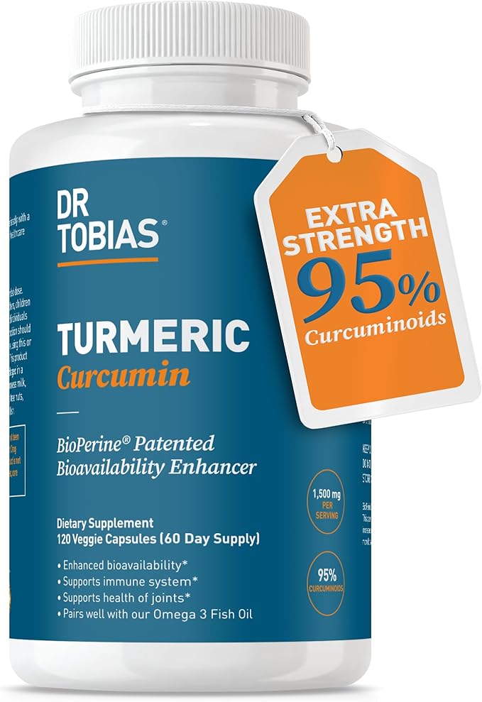 Dr. Tobias Turmeric Curcumin 1500mg with BioPerine – Extra Strength Supplement with 95% Curcuminoids for Joint Support Overall Vitality &amp Immune Health 120 Vegan Capsules Non-GMO