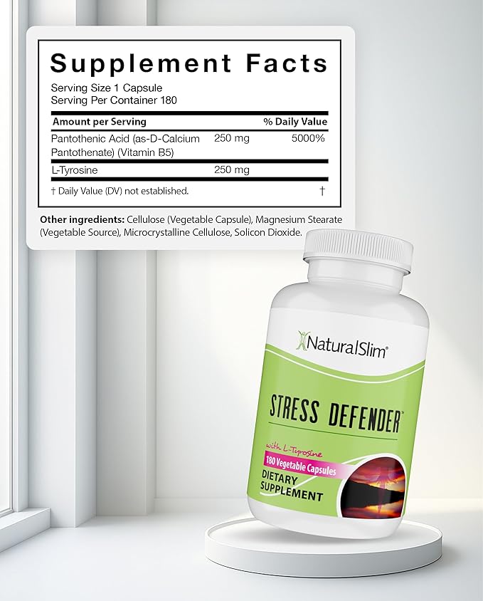 NaturalSlim Stress Relief Supplement - Stress Defender High Cortisol Reducer Control Cravings Sleep &amp Metabolism Support with Vitamin B5 Pantothenic Acid &amp L Tyrosine - 180 Vegetable Capsul