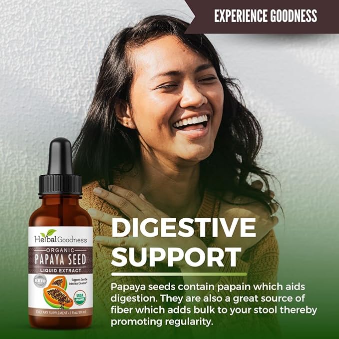 Herbal Goodness Papaya Seeds Digestive Enzymes 1oz -Organic Papaya Seed Extract for Gut &amp Digestive Health | Detox Cleanse Support Non GMO Gluten-Free Raw Unprocessed for High Potency