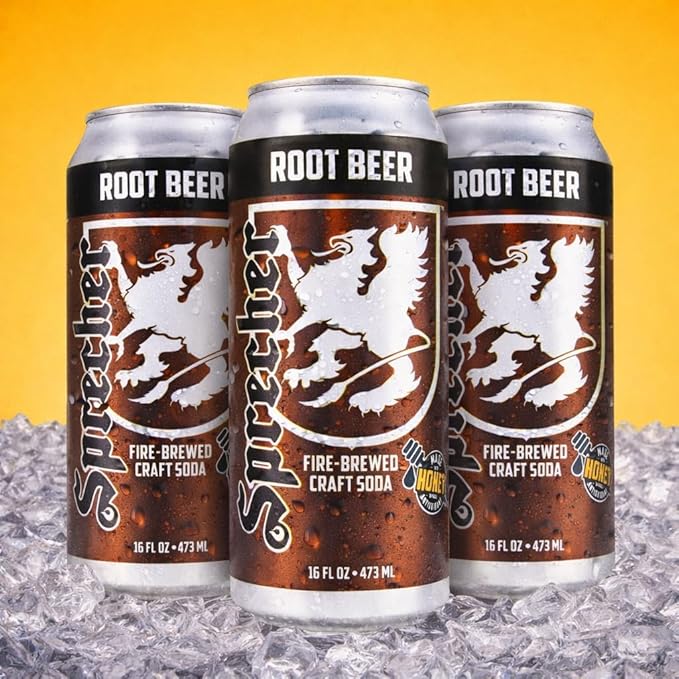 Sprecher Root Beer 16 fl oz Cans (12 Pack) Fire-Brewed Premium Craft Soda with Real Honey Caffeine Free Gluten Free Premium Soft Drink