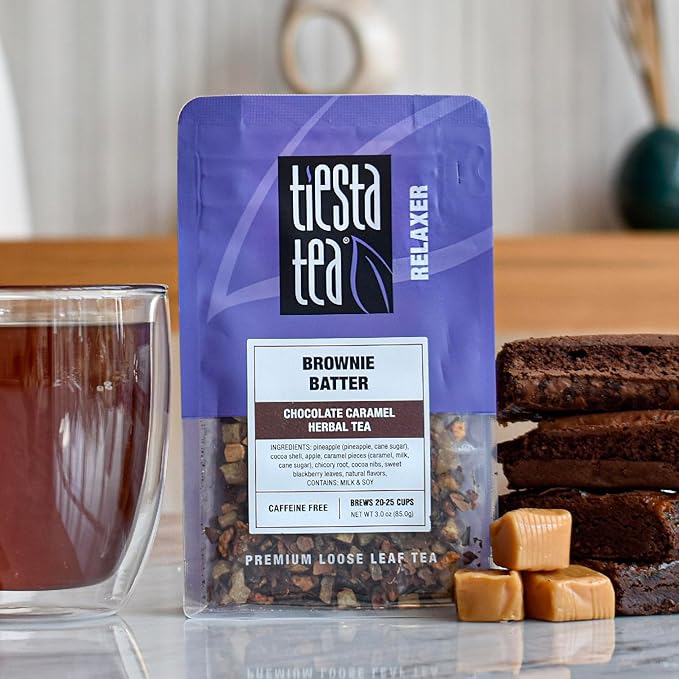 Tiesta Tea - Brownie Batter Herbal Tea and Brewbasket Infuser Bundle Chocolate Caramel Tea Non-Caffeinated 3oz Resealable Pouch with 5oz Reusable Stainless Steel Strainer