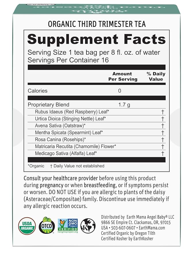 Earth Mama Organic Third Trimester Tea | Herbal Tea for Late Pregnancy Comfort + Childbirth Preparation | 96 Teabags | Caffeine Free &amp Non-GMO