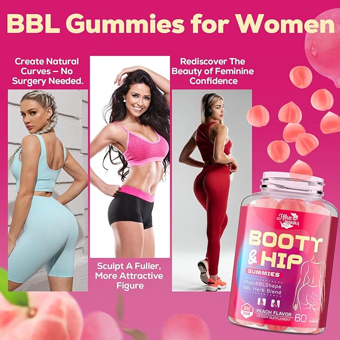 Booty Gummies for Women - BBL Gummies with Bovine Collagen Peptides - Herbal Blend with Aguaje Fenugreek Kwao Krua Wild Yam Blessed Thistle Vitamin C &amp Zinc - Delicious Peach Flavor(120 Count