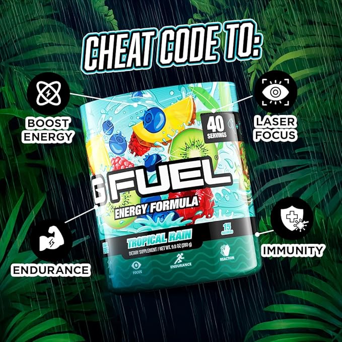 Gamma Labs G Fuel Tropical Rain Energy Drink Powder Pre Workout Caffeine Mix for Gaming Sugar Free Focus Amino Vitamin + Antioxidants 9.8oz Fruit Medley 40 Servings