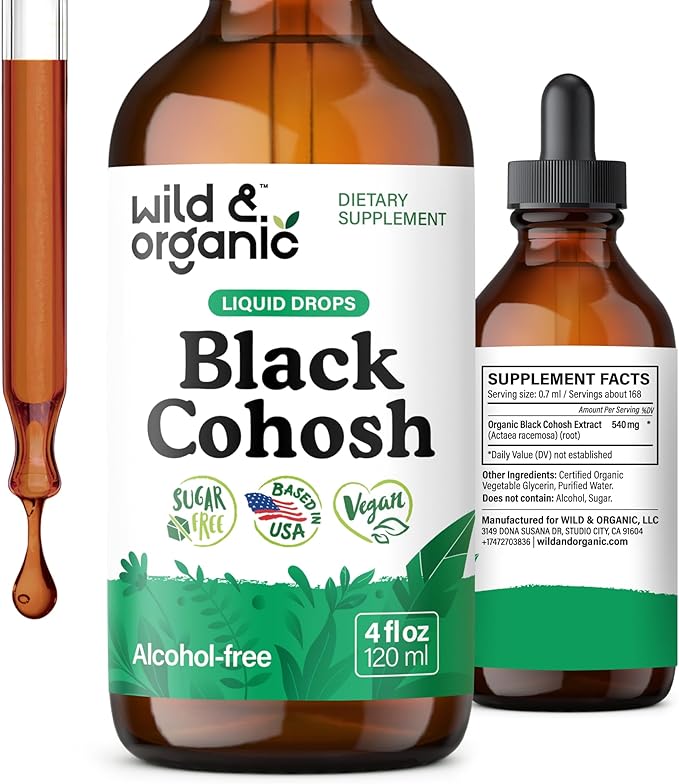 Wild &amp Organic Black Cohosh Supplements - Menopause Supplements for Women - 540 mg Black Cohosh Root Extract Tincture - Add to Tea Drops - 5-Month Supply - Vegan Sugar &amp Alcohol-Free - 4 fl o
