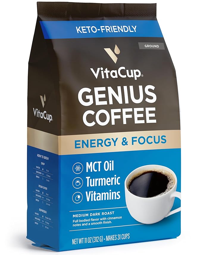VitaCup Perfect Low Acid Ground Coffee11 oz &amp Genius Keto Ground Coffee 11 oz Bundle | Infused with Superfoods (MCT Oil Turmeric Vitamins) for Energy &amp Focus