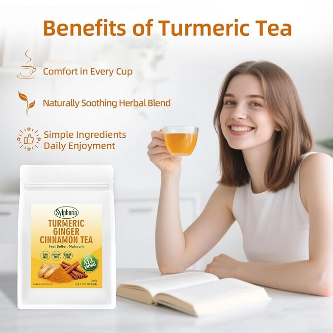 120 Bags Premium Turmeric Ginger Cinnamon Tea Bags Premium Natural Ingredients Turmeric Ginger Herbal Blend with Cinnamon No Sugar Caffeine-FreeTurmeric Ginger Cinnamon Tea（1Pack/120Bags）
