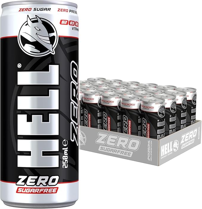 HELL ZERO Energy Drink | 32 mg/100 ml Caffeine | Vitamins B3 B5 B6 B12 | No Preservatives | Environmentally Friendly Packaging | 24 x 250ml | Compatible with HELL Energy