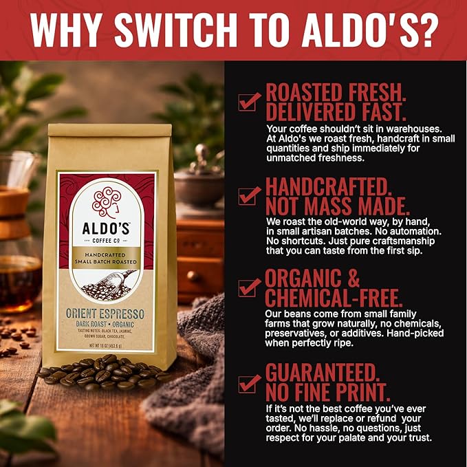 Aldo’s Orient Espresso – Organic Handcrafted Coffee Beans Signature Dark Roast Espresso Blend Small-Batch Artisan Roasted Bold Smooth Low-Acid Coffee (16 oz) (Medium Ground)