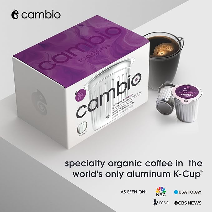 Cambio Roasters Sumatran Dark Roast Organic Coffee Pods - The Only Organic Recyclable Aluminum Coffee Pods Small Batch Roasted Keurig® Compatible Bold Flavor &amp Longer Lasting Freshness 60 Coun