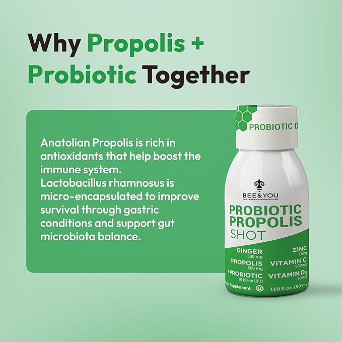 Bee and You Propolis Immune Shot Probiotic Vitamin C Vitamin D3 Zinc Ginger Immune Support Gut Health Digestive Health Bioactive 1.69 Fl. oz 12 Pack