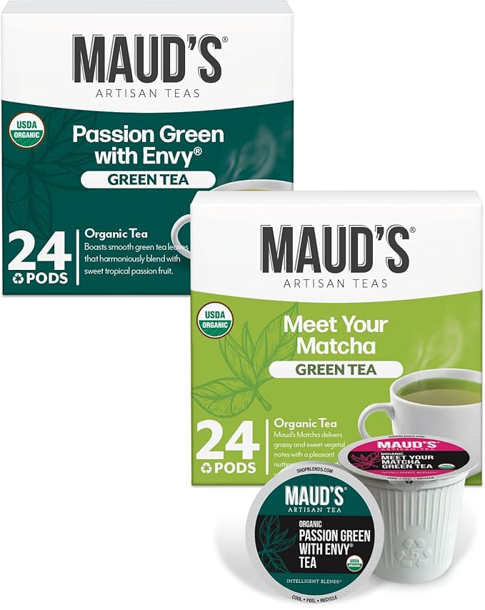 Maud's Organic Passion Green Tea Pods &amp Organic Matcha Green Tea Bundle 48 ct Single Serve Tea Pods – 100% Gourmet Blended Tea Leaves Compatible with Keurig K Cups Maker