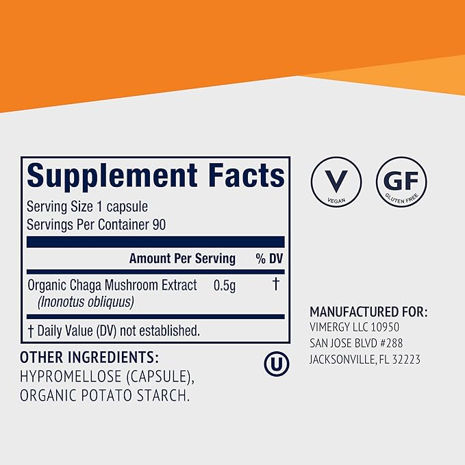Vimergy Chaga Capsules – Superfood Cellular Support* – Cardiovascular Health Benefits* – Kosher Vegan Gluten-Free – 90 Capsules