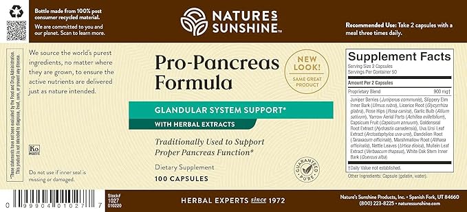 Nature's Sunshine Pro-Pancreas 100 Capsules Kosher | Herbal Formula Enhances Digestion Promotes Immunity and Helps the Liver and Pancreas
