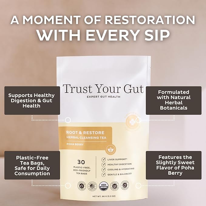 Trust Your Gut Organic Root &amp Restore Herbal Caffeine-Free Tea Liver Cleansing Tea Blend with Burdock Root Chamomile Dandelion Licorice for Gut &amp Lymphatic Health Support 30 Plastic-Free