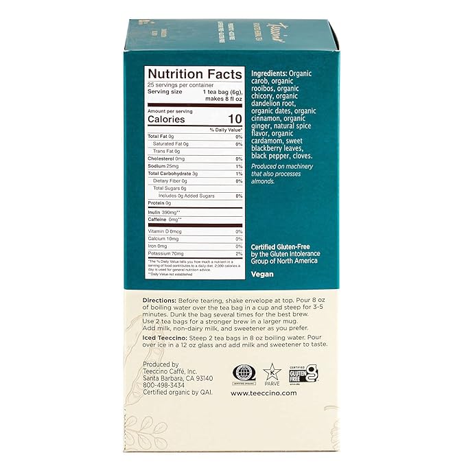 Teeccino Dandelion Red Chai Tea - 25 Tea Bags - Caffeine-Free Roasted Herbal Tea with Prebiotics 3x More Herbs than Regular Tea Bags Gluten Free (Pack of 3)