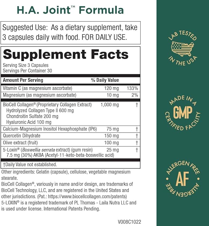 Purity Products HA Joint Formula Hyaluronic Acid + Key CoFactors - Joint + Skin Multi Collagen (Type I II &amp III) - 5-Loxin - Olive Fruit Extract - Joint Flexibility + Mobility - 90 Capsules (3)