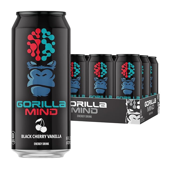 Gorilla Mind Energy Drink | Unmatched Energy · Amplified Focus | N-Acetyl-L-Tyrosine Alpha-GPC 200mg Caffeine Uridine Saffron | 0 Sugar Or Artificial Colors | 16oz 12-Pack (Black Cherry Vanilla)