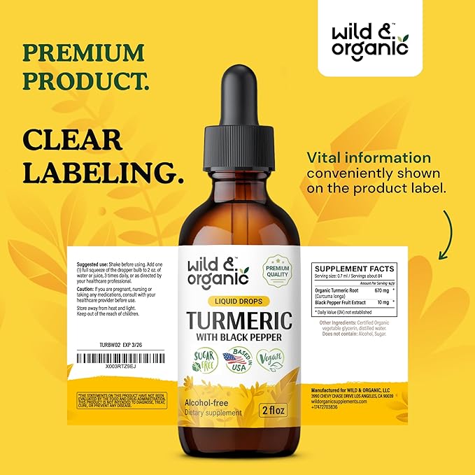 Wild &amp Organic Turmeric Supplement Liquid - Joint Support - Turmeric Curcumin with Black Pepper Extract - Curcumin Root Drops - Vegan Sugar &amp Alcohol-Free Tincture - 2 fl oz