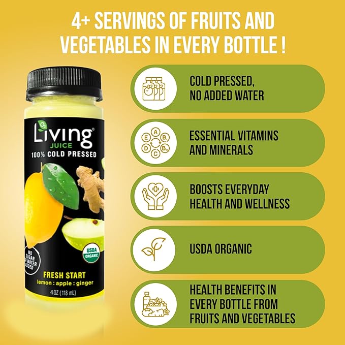 O2 Living Juice Cold Pressed Drink - Fresh Start Organic Juice Pack - No Added Sugars or Water Naturally Sweetened from Fruits Rich in Nutrients &amp Vitamins - Refreshing &amp Non-GMO - 4 fl oz
