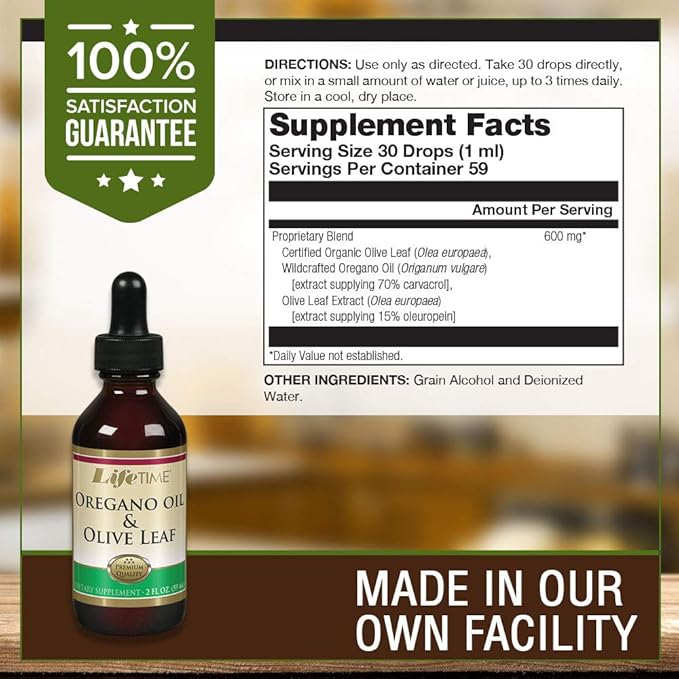 LIFETIME Organic Oregano Oil and Olive Leaf Drops - Seasonal Wellness Support Herbal Liquid Supplement for Men &amp Women 600mg per Serving Made in The USA - 2 fl oz
