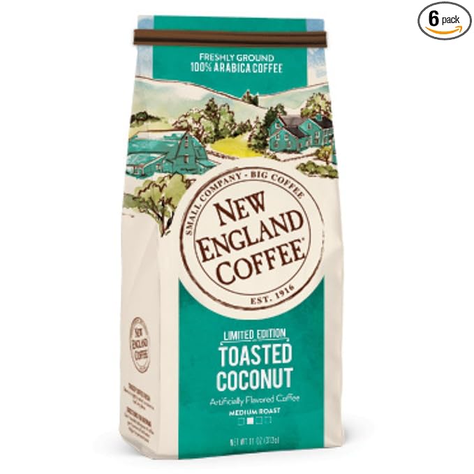 New England Coffee Ground Coffee Toasted Coconut Medium Roast 11oz Bag (Pack of 6)