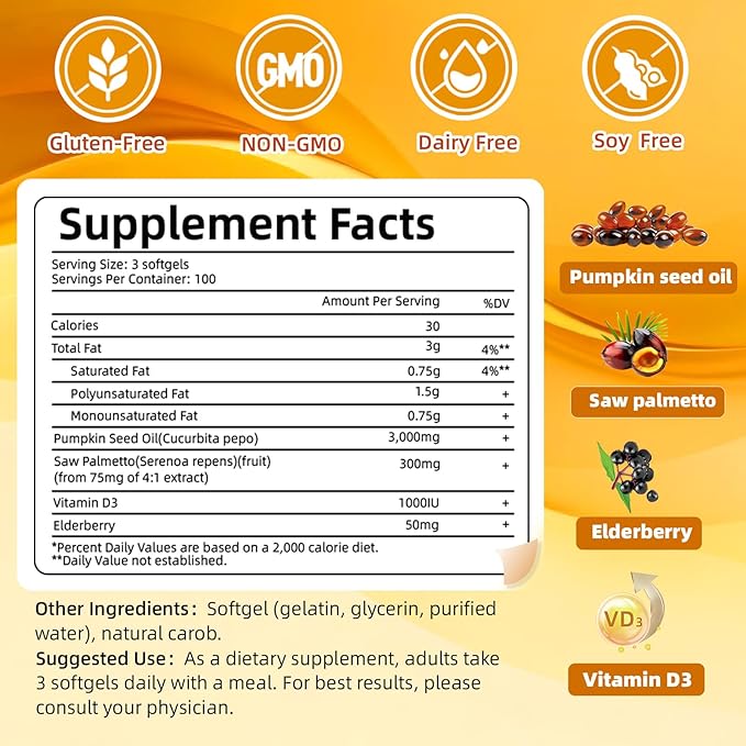 Pumpkin Seed Oil with Saw Palmetto Vitamin D3 &amp Elderberry-300 Capsules Pure Virgin Oil Essential Fatty Acids &amp Phytosterols-Supports Prostate Function Hair Health &amp Urinary Comfort