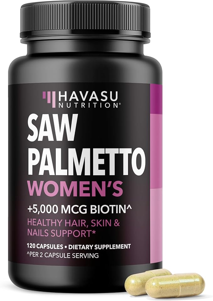 Saw Palmetto for Women with Biotin 5000mcg - Powerful DHT Blocker to Support Hair Skin and Nail Health - 120 Count - Vegan Non-GMO Vitamin for Stronger Fuller Looking Locks - 2 Month Supply