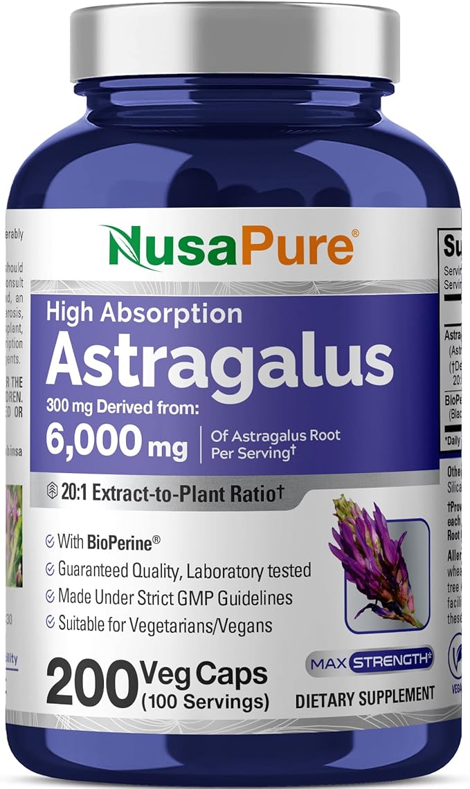 NusaPure Astragalus 20:1 Extract 300 mg Equivalent to 6000mg Per Serving 200 Veggie Capsules Vegan Non-GMO &amp Bioperine