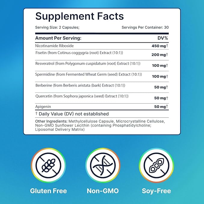 Liposomal Nicotinamide Riboside NR Supplement Resveratrol NAD : Nicotinamide 500mg w/Fisetin Resveratrol Powder Spermidine Berberine NAD Resveratrol Supplement 500 mg - 60 caps 1 Pack