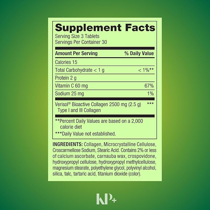 KP+ Collagen | Collagen + C 2500 mg | 90 Tablets | Supports Hair Skin &amp Nail Health | Bioactive Collagen Peptides + Vitamin C Supplement | Pack of 1