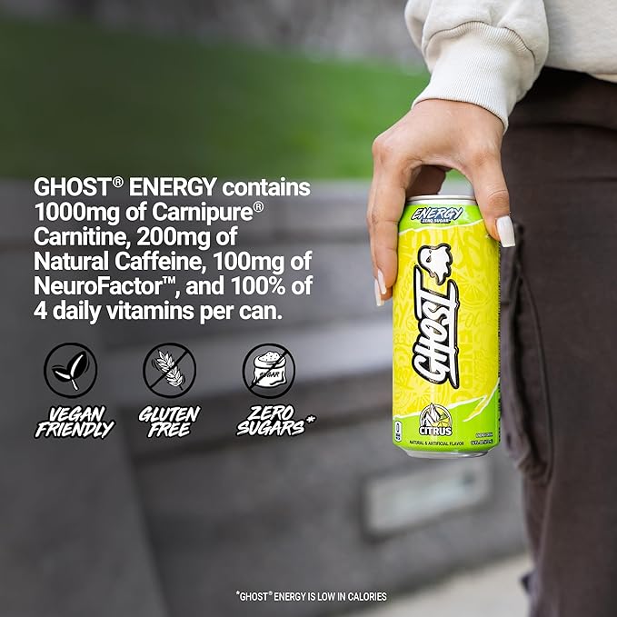 GHOST Energy Drink - 12-Pack Citrus 16oz Cans - Energy &amp Focus &amp No Artificial Colors - 200mg of Natural Caffeine L-Carnitine &amp Taurine - Gluten-Free &amp Vegan