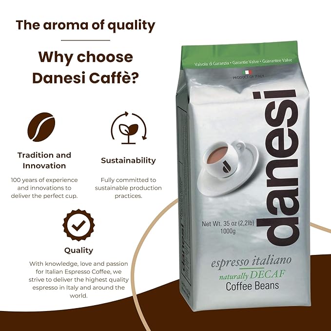 Danesi Caffe Italian Whole Coffee Beans - Espresso Coffee Beans and Medium Roast Whole Bean - Perfect for Espresso Machines French Press and Home Brewing - Decaf (2.2 lb)