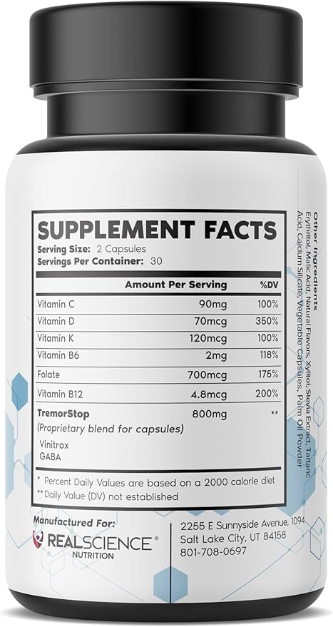 Real Science Tremor Miracle Capsules – Tremor Relief Supplement and Hand Tremor Aids for Adults – with TremorStop Blend GABA and Vitamins for Neurotransmission Support – Made in USA 60 Caps