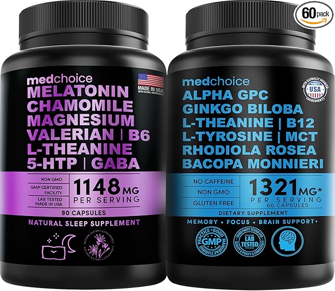 MEDCHOICE Sleep Melatonin (90ct) and Nootropic Brain (60ct) Supplement Bundle - Wellness Duo for Sleep Brain Focus &amp Mood Support - Vegan Non-GMO Gluten-Free