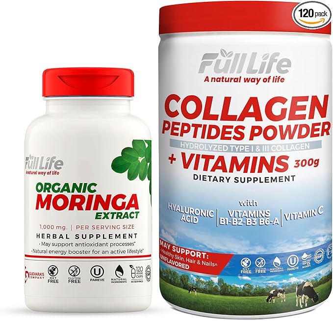 Full Life Collagen Peptides Powder and Moringa Oleifera Capsules - Dietary Supplements - Bovine Collagen for Women and Men Gluten-Free - Veggie Capsules