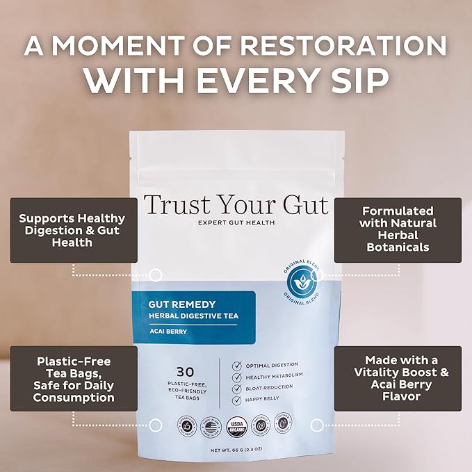Trust Your Gut Organic Herbal Tea Blend – Lemon Balm Holy Basil Dandelion &amp Ginger Root – Supports Healthy Digestion &amp Gut Balance – Acai Berry 30 Bags